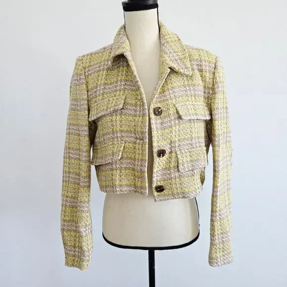 Zara Beige & Yellow Textured Cropped Blazer Button Down Size Large